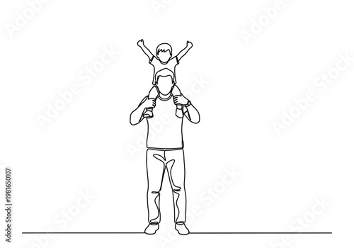 Continuous Line Drawing of Father Carrying Son on Shoulders, Minimalist Family Bonding Art