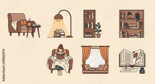 Cozy Reading Nook Illustrations - Armchairs, Bookshelves, and Window Seats.