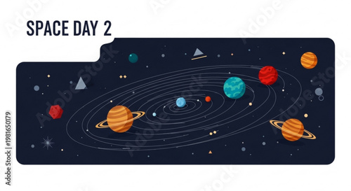 Solar system planets orbiting in space with stars and galaxies space day 2 educational graphic
