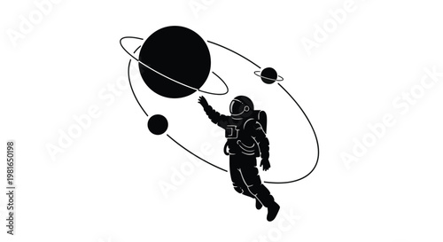 Astronaut floating through the vastness of space reaches out to touch orbiting planets as a symbolic representation of human curiosity, scientific exploration, and the infinite universe.