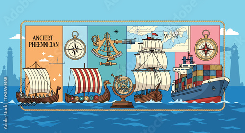 A visual timeline of maritime transport, showcasing ancient Phoenician ships, Viking longboats, galleons, and modern container ships navigating the sea.