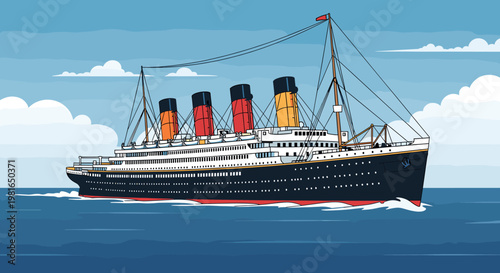 Detailed illustration of a majestic vintage ocean liner with four smokestacks sailing on the open sea under a blue sky with clouds.