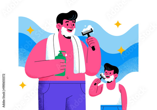 Father and Son Shaving Together Vector Illustration, Modern Flat Style Grooming Concept of Dad Teaching Son Shaving Routine, Fatherhood and Family Bonding Scene