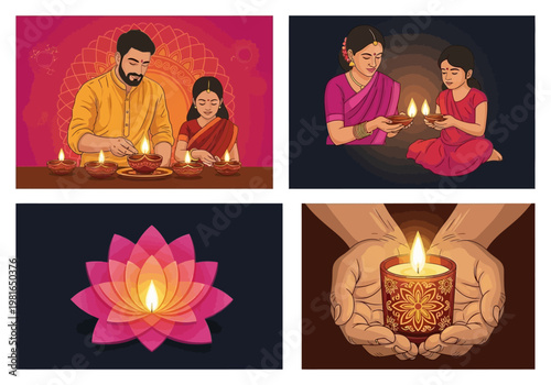Diwali Festival Illustration Collection with Family Lighting Diyas, Lotus Lamp, and Traditional Deepavali Elements