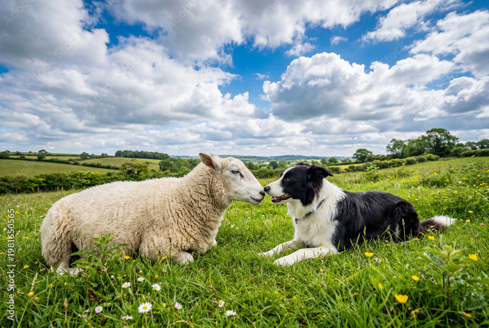 Fototapeta premium White sheep and border collie dog touching noses in a pasture