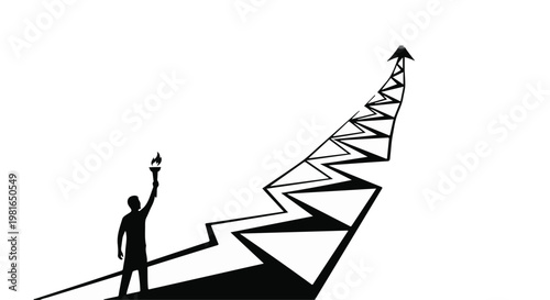 Leader holding a burning torch marches along a zigzagging path toward a distant rising arrow as a powerful metaphor for ambition, strategic progression, and overcoming complex challenges.
