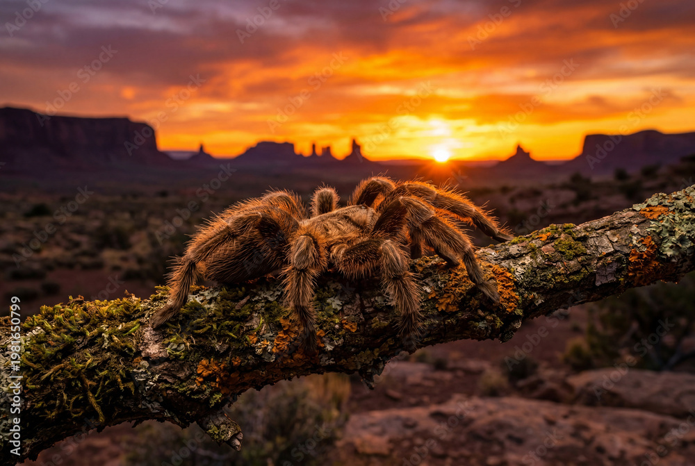 Fototapeta premium Large furry tarantula spider resting on a mossy branch during a beautiful vibrant desert sunset
