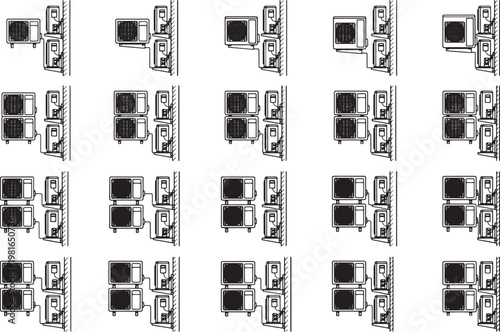 Air conditioning units arrangement variations showcased on the wall, highlighting various installation possibilities for optimal cooling solutions.