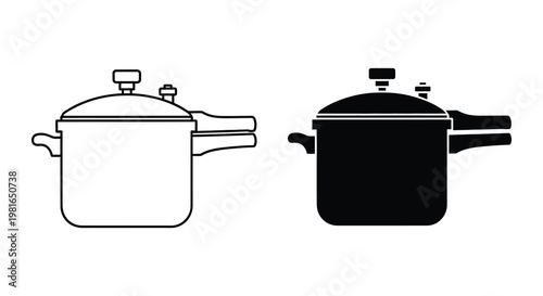 Two depictions of pressure cookers one white and one black silhouette