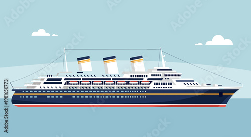 A detailed illustration of a large, classic cruise ship sailing on a calm, blue ocean under a clear sky with a few wispy clouds.