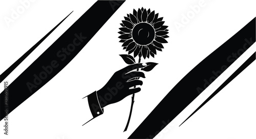 Sunflower held by a human hand signifies a gesture of kindness and natural beauty in this simple, elegant, black and white minimalist graphic design illustration for creative projects.