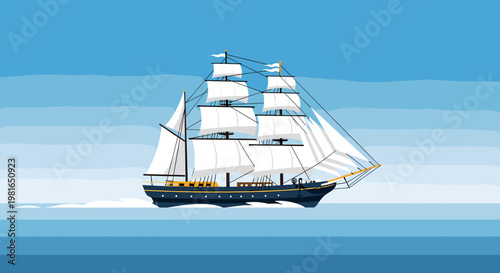 A classic tall ship with full white sails glides gracefully across a calm blue ocean under a clear sky, evoking a sense of historical maritime travel.