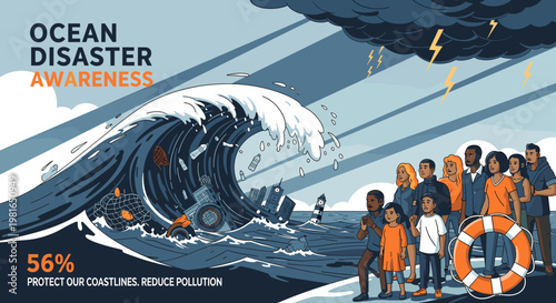 Ocean Disaster Awareness: A powerful wave crashes, symbolizing environmental threats, while a diverse group of people stands ready to face the challenge.