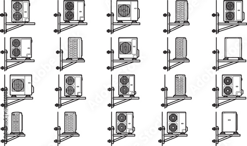 A pattern arrangement of air conditioning units, showcasing a comprehensive collection of diverse air conditioner types, mounted on sturdy brackets.