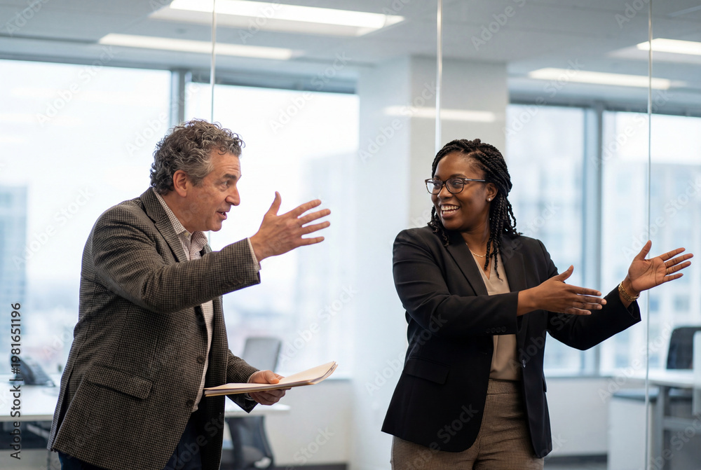 Fototapeta premium Diverse business colleagues gesturing during an animated office discussion