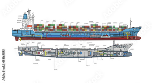 Cuadro en lienzo Detailed technical diagrams illustrating the external and internal structure of a modern container ship with cargo