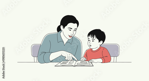 Mother teaching son to read a book, education and family bonding