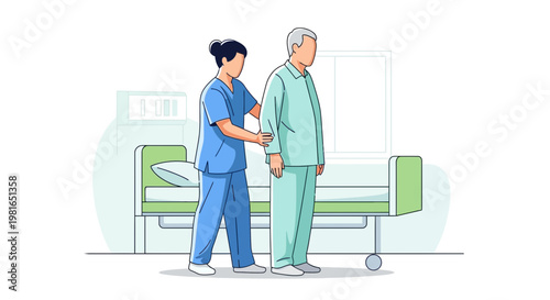 Nurse assisting elderly man walking near hospital bed, healthcare support concept