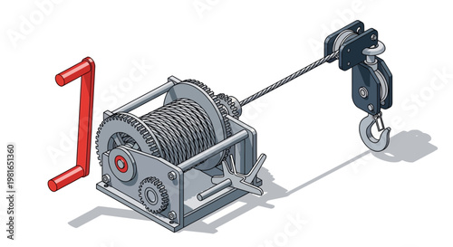 Industrial winch with hook and cable, isometric view, isolated on white background