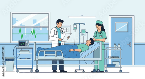 Doctor and nurse caring for patient in hospital room with medical equipment