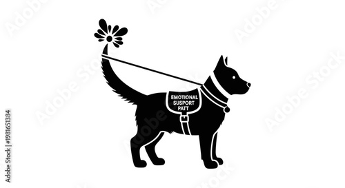 Emotional Support Dog Silhouette Wearing Vest with Leash and Flower