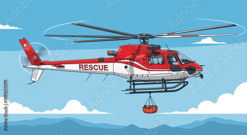 Red and white rescue helicopter flying over ocean with basket suspended below