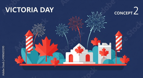 Victoria day celebration with fireworks and maple leaves on a navy blue background canadian flags and buildings