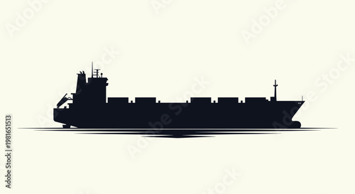 Silhouette of a large cargo container ship sailing on the water, representing global trade and maritime transport.