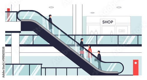 People riding escalator in modern shopping mall, retail store background