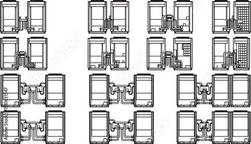 An array of meticulously illustrated water tanks and related elements, showcasing the systematic arrangement of various container types and the intricate plumbing systems.