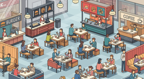 Isometric Food Court Scene with Diverse People Eating at Burger and Coffee Stalls