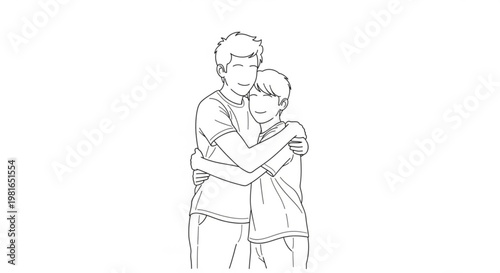 Tender moment of a man hugging a boy warm embrace affectionate relationship love and care heartwarming scene simple line art style