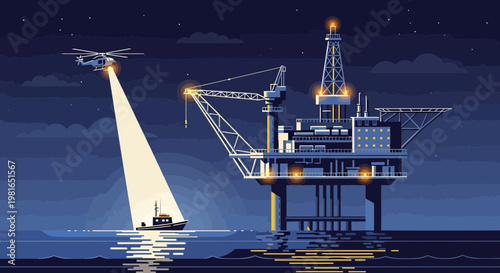 Offshore oil rig at night with helicopter and boat, industrial, energy, seascape