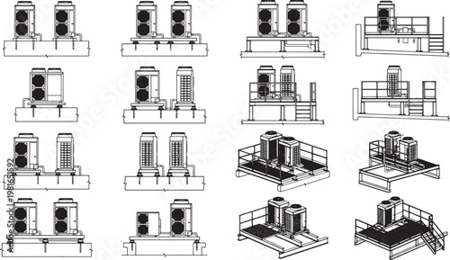 A collection of industrial air conditioning units and chillers, showcasing various architectural designs and layouts.