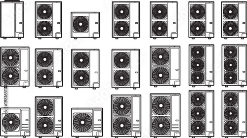 A collection of various air conditioning units and HVAC systems, with different designs and sizes, presented in a clean and organized manner.