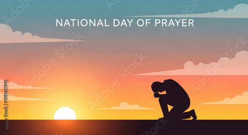 Person kneeling in prayer at sunset with national day of prayer text overlay