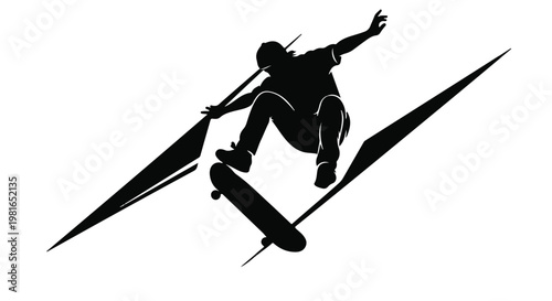 Skateboarder performing an advanced mid-air stunt within geometric triangular frames captures the essence of urban youth culture, athletic agility, and the thrill of extreme street sports.