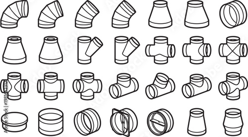 An assortment of detailed line art illustrations showcases a variety of HVAC ductwork components, emphasizing design and functionality. 