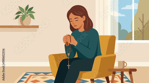 Woman sitting on chair praying on National Day of Prayer indoors