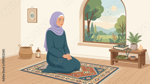 A woman observes the National Day of Prayer in a serene room with a prayer rug.