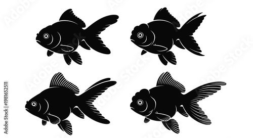 Elegant black silhouettes of four goldfish swimming in a decorative set displayed against a plain neutral background