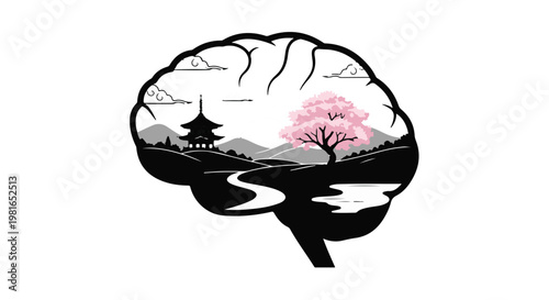 Brain silhouette containing a traditional pagoda and blooming cherry blossom tree symbolizes the harmonious blend of human cognitive potential, cultural heritage, and peaceful states of mind.