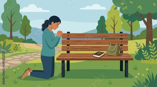 Woman kneels on National Day of Prayer in serene park with bench.