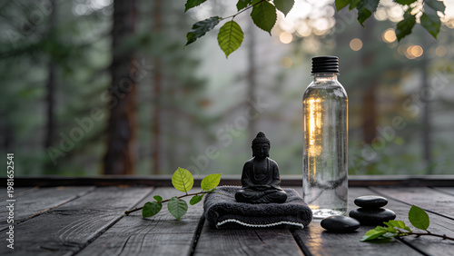 Relaxing space with water bottle and Buddha statue placed on table in a forest during early morning