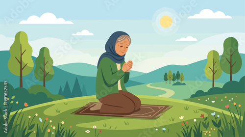 Woman participates in National Day of Prayer on serene green hill