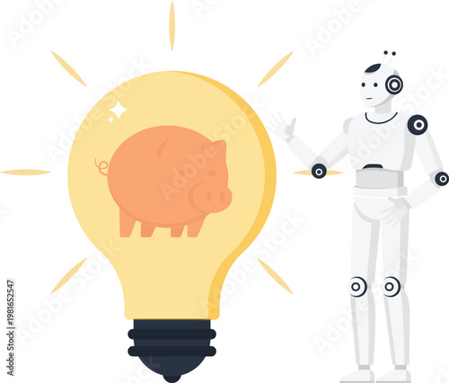 White robot financial idea light bulb piggy bank saving money investment strategy artificial intelligence technology innovation future finance smart banking