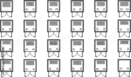 A grid arrangement of stylized, monochrome trains, presented from a top-down perspective, highlighting the repetition and patterns in transportation design. 