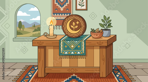 People gather for National Day of Prayer at a table with candle and plants inside a house