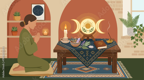 Woman kneels in prayer on National Day of Prayer in serene home environment