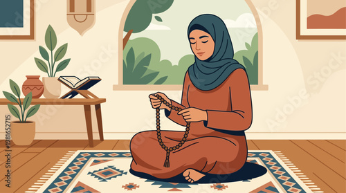 Woman in hijab reads book on National Day of Prayer indoors
